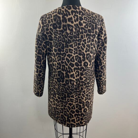 Zara Black Tan Overcoat Leopard Round Neck Snap Button Long Sleeve Size Small S - Picture 7 of 8